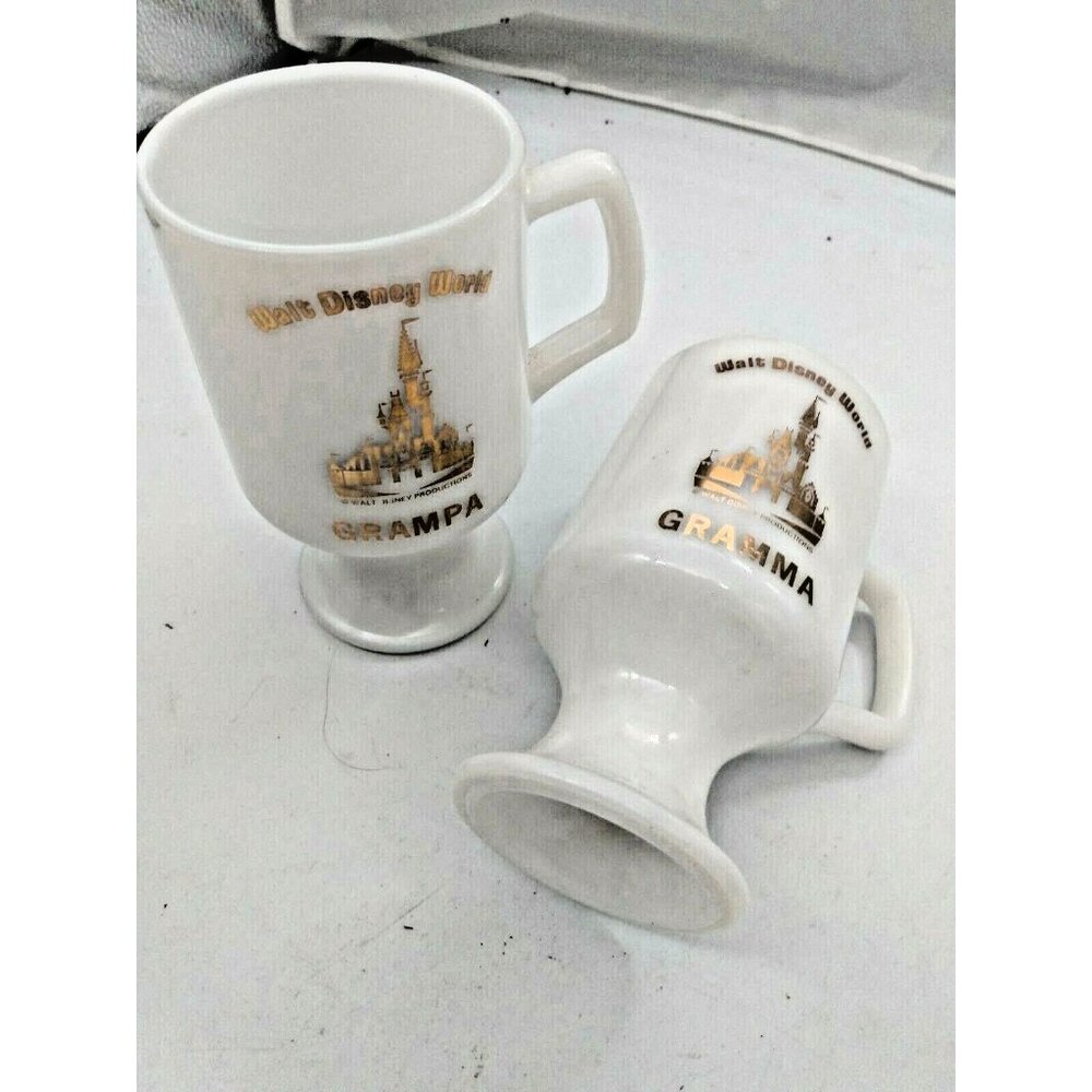 Vintage Walt Disney World GRAMMA GRAMPA Milk Glass Mugs Drinking Mugs